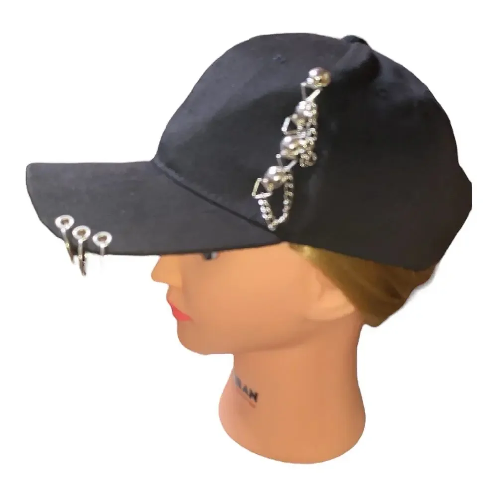 Black Punk-Style Baseball Cap w/ Silver Piercing Rings & Chains Detail. adjust.‎